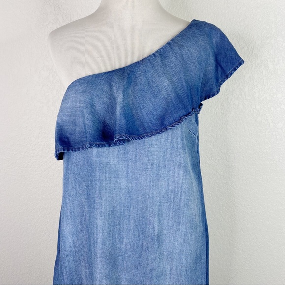 Anthropologie Cloth & Stone Chambray Ruffle One Shoulder Dress - Picture 4 of 9